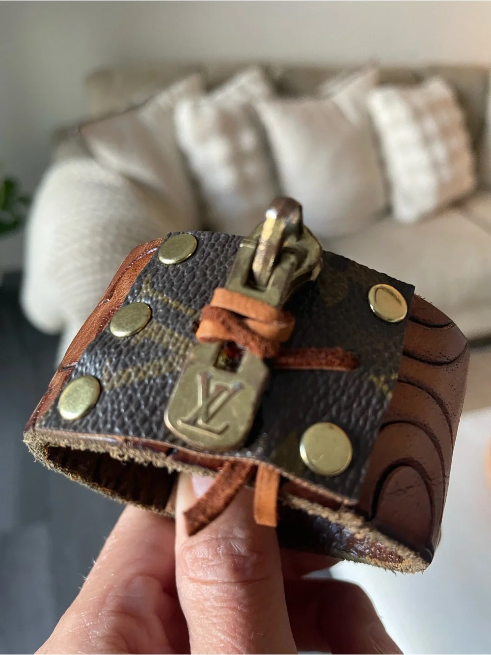 Louis Vuitton Brown and Gold Leather Cuff Bracelet with Signature Zipper Pull